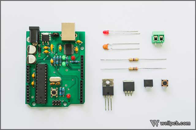 Top view of electronic components such as PCB boards, resistors, ICs, capacitors, switches, and connectors.jpg