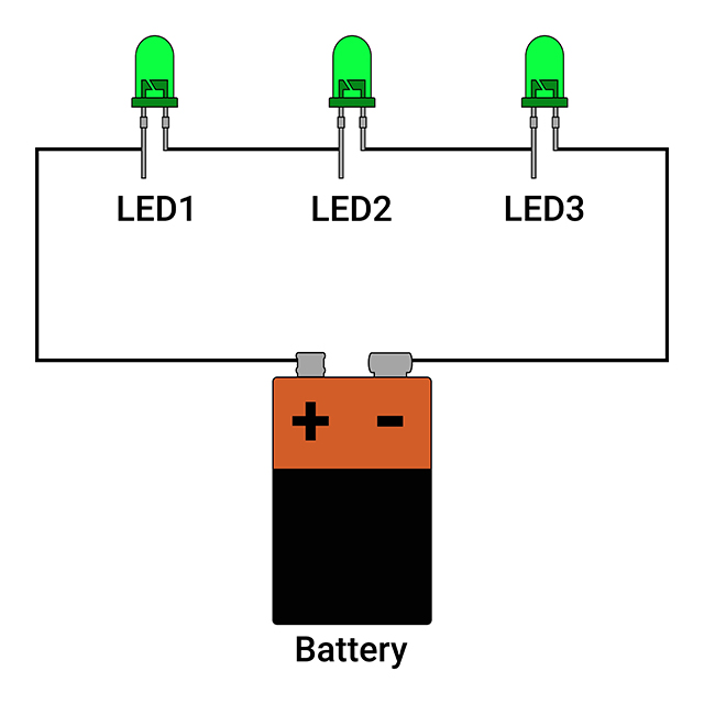 Series circuit with 3 LEDs connected to Battery