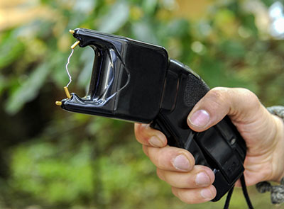 A stun gun utilizes a taser circuit to operate