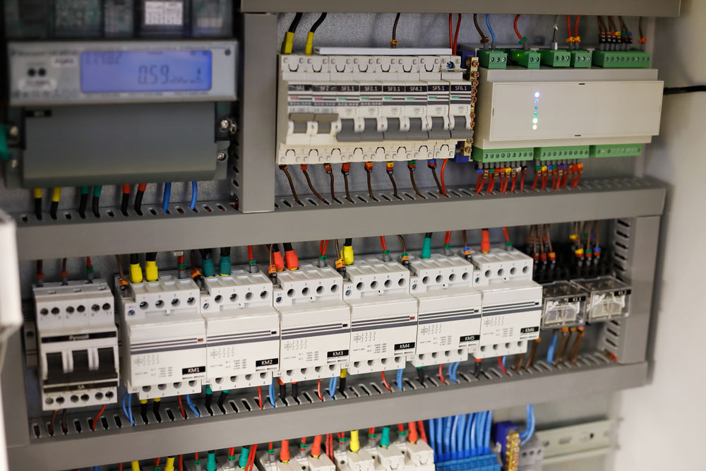 A home automation system features an eight channel relay module