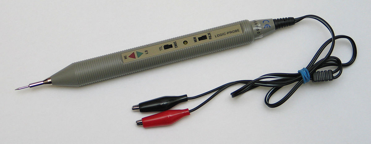 A logic probe with a single LED light indicator