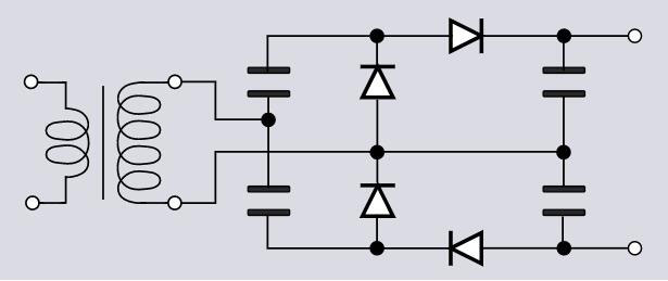 Voltage quadruple (note the four diodes and capacitors)
