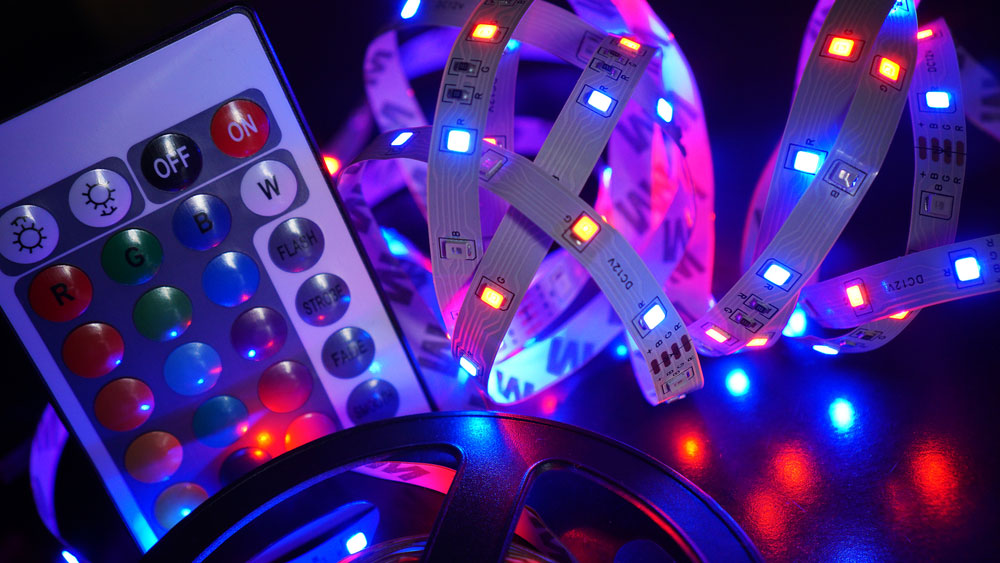 LED strip in purple colors and a control panel for switching colors