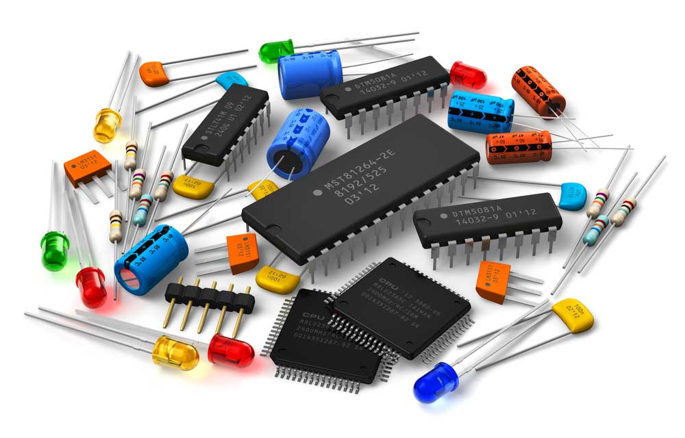 a photo of transistors, microcontrollers, and other electrical components