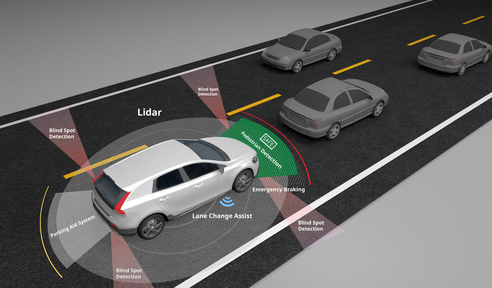 Autonomous Self-Driving Electric Car Showing Lidar and Safety Sensors Use