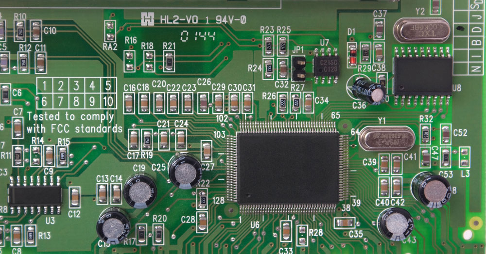 ICs and other electrical components fitted on a PCB