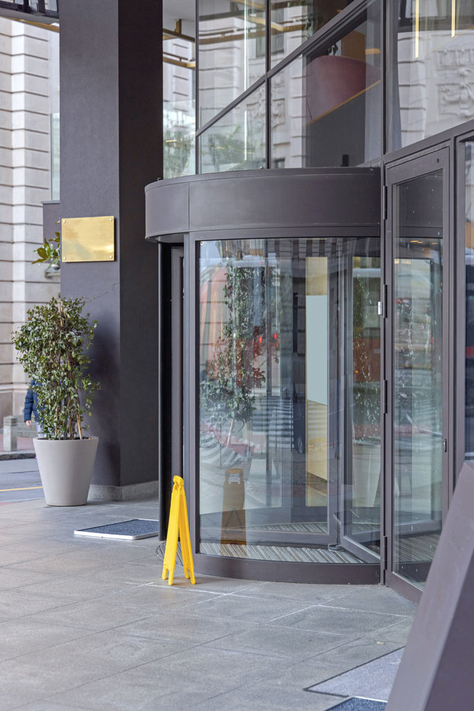 Automated revolving doors were installed in the building
