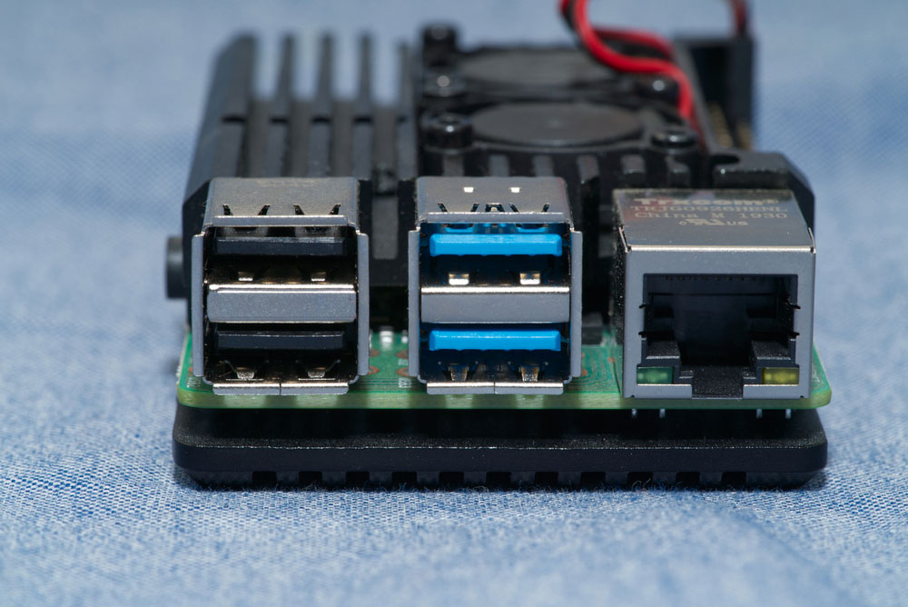 RJ45 and USB ports of Raspberry Pi 4 board