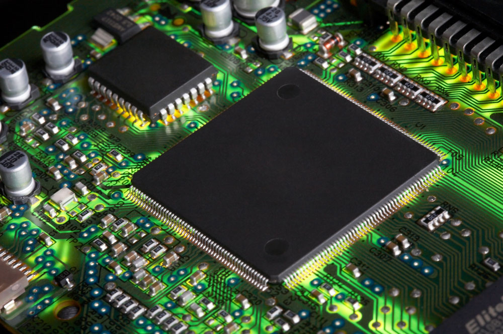 Closeup of electronic circuit board with processor