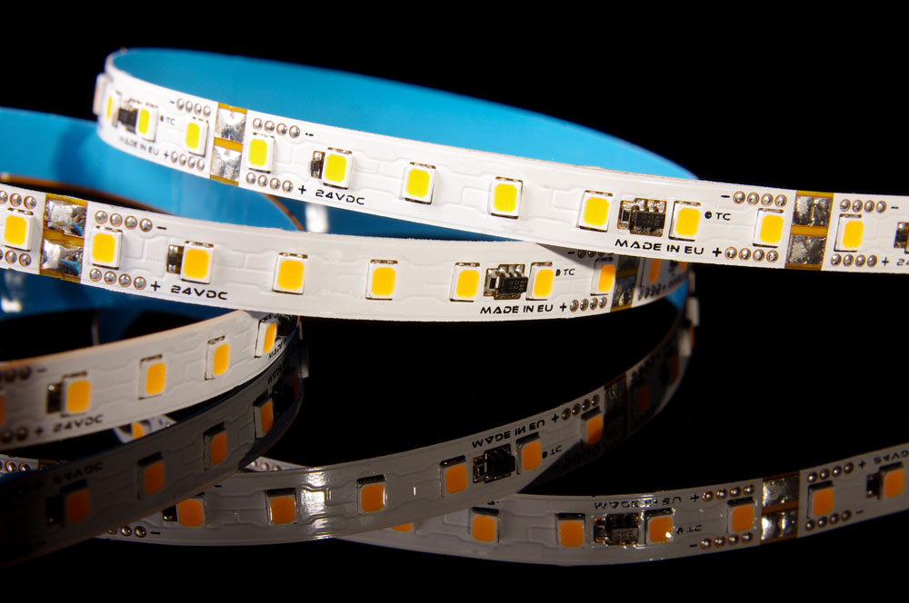 Light-emitting diode flexible printed circuit board strip for various lighting applications close up.