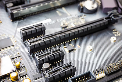 Closeup of Pci express port slot on the modern black motherboard