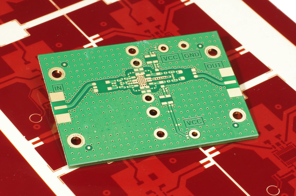 circuit boards on red Gerber mask for manufacturing
