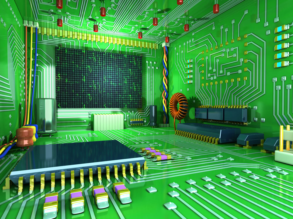 4 Layer PCB: Fantasy digital room with electronic components in the interior