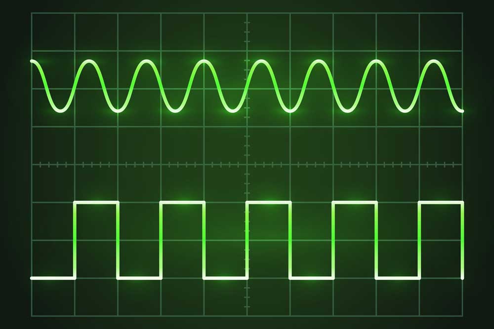 Sine and square waves on one oscilloscope display