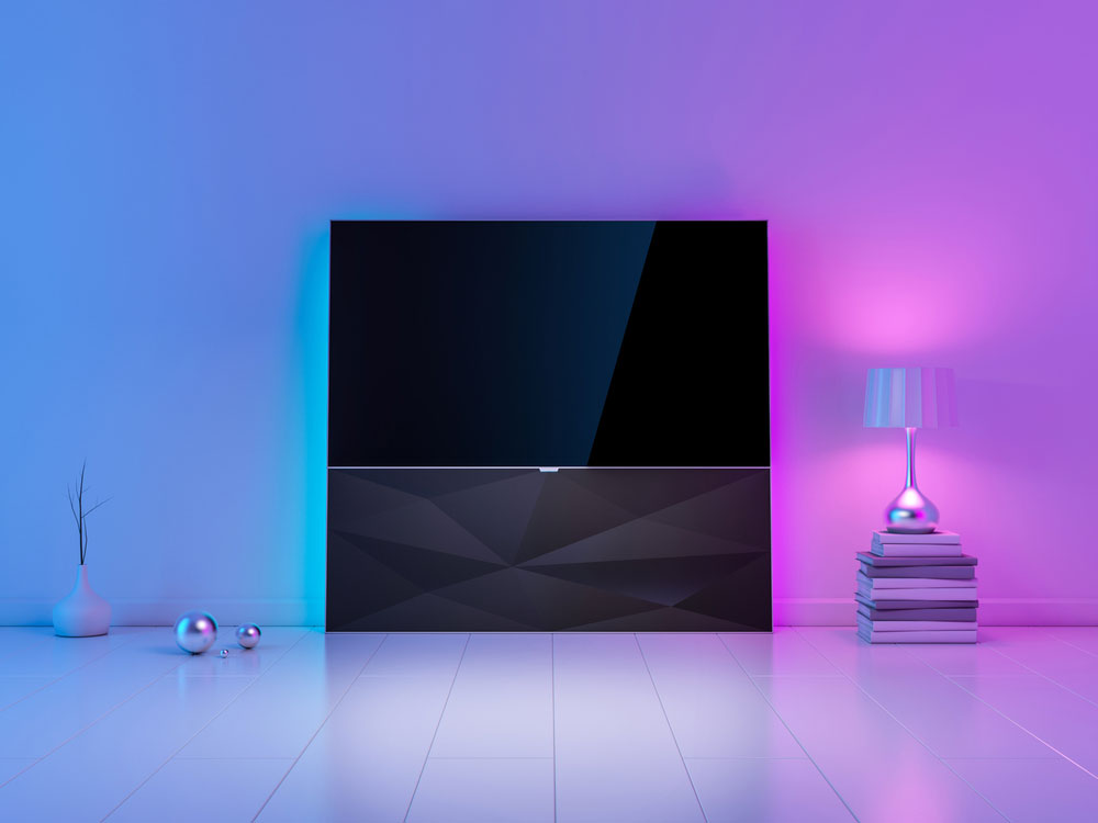 Modern luxury Smart TV Mockup on the stand in the white living room with ambient light