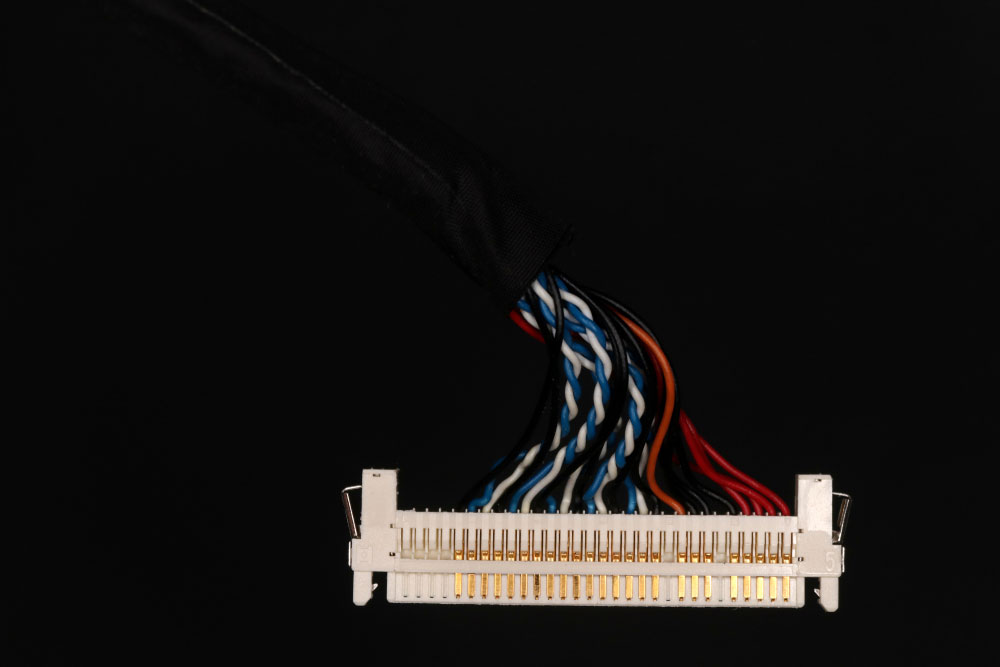 LVDS cable for mini-ITX motherboard against a black background