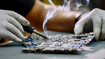 An engineer soldering a circuit board